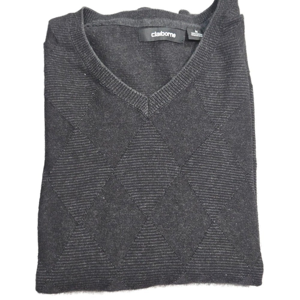 Claiborne Mens V-Neck Sweater Charcoal Gray Argyle Diamond Knit Cotton Size M